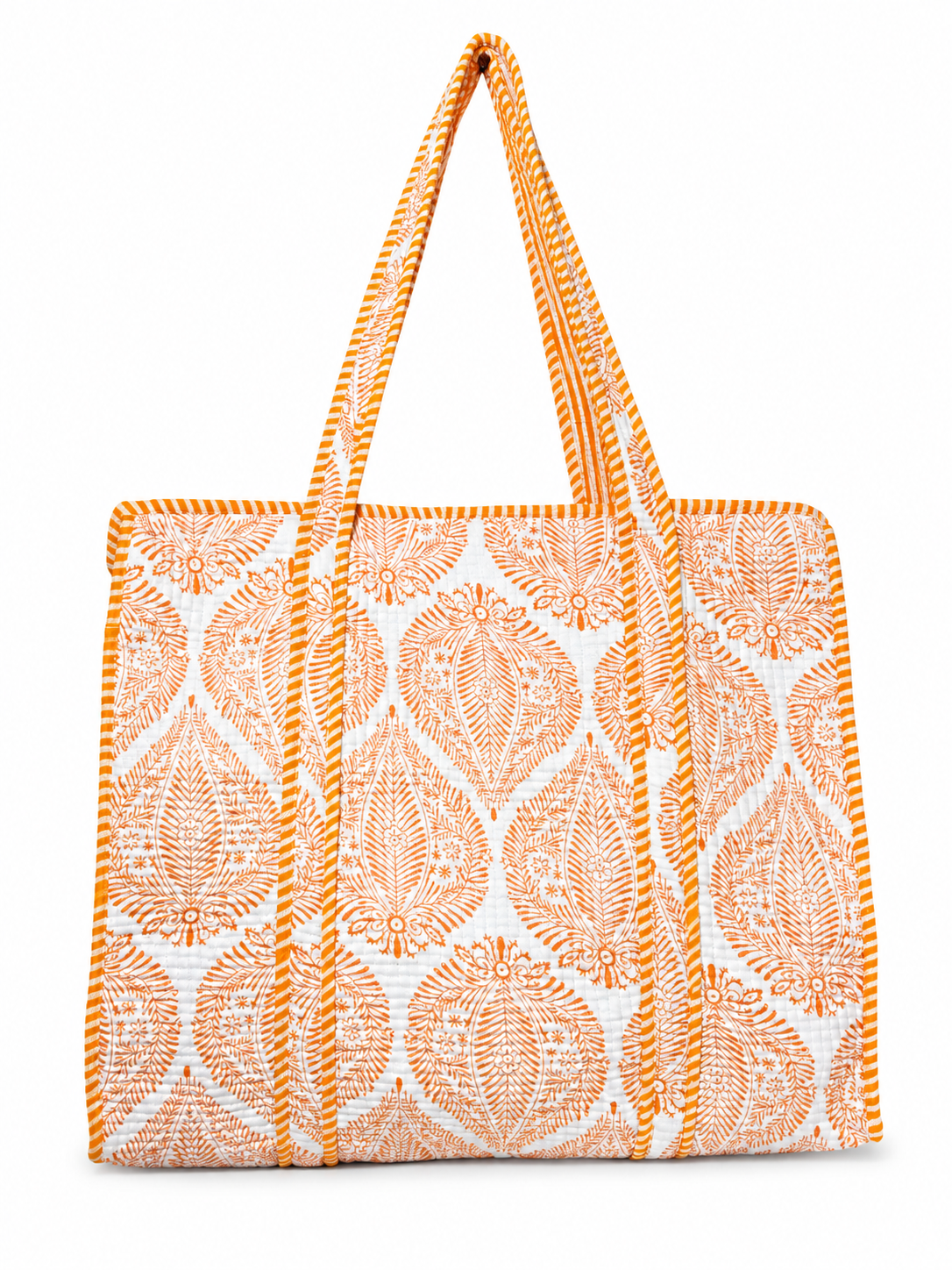 Gulabi Craft Saffron Leaf Hand Block Print Quilted Cotton Tote Bag with Inner Pocket | 17x18 Inch Reusable Travel & Everyday Shoulder Bag