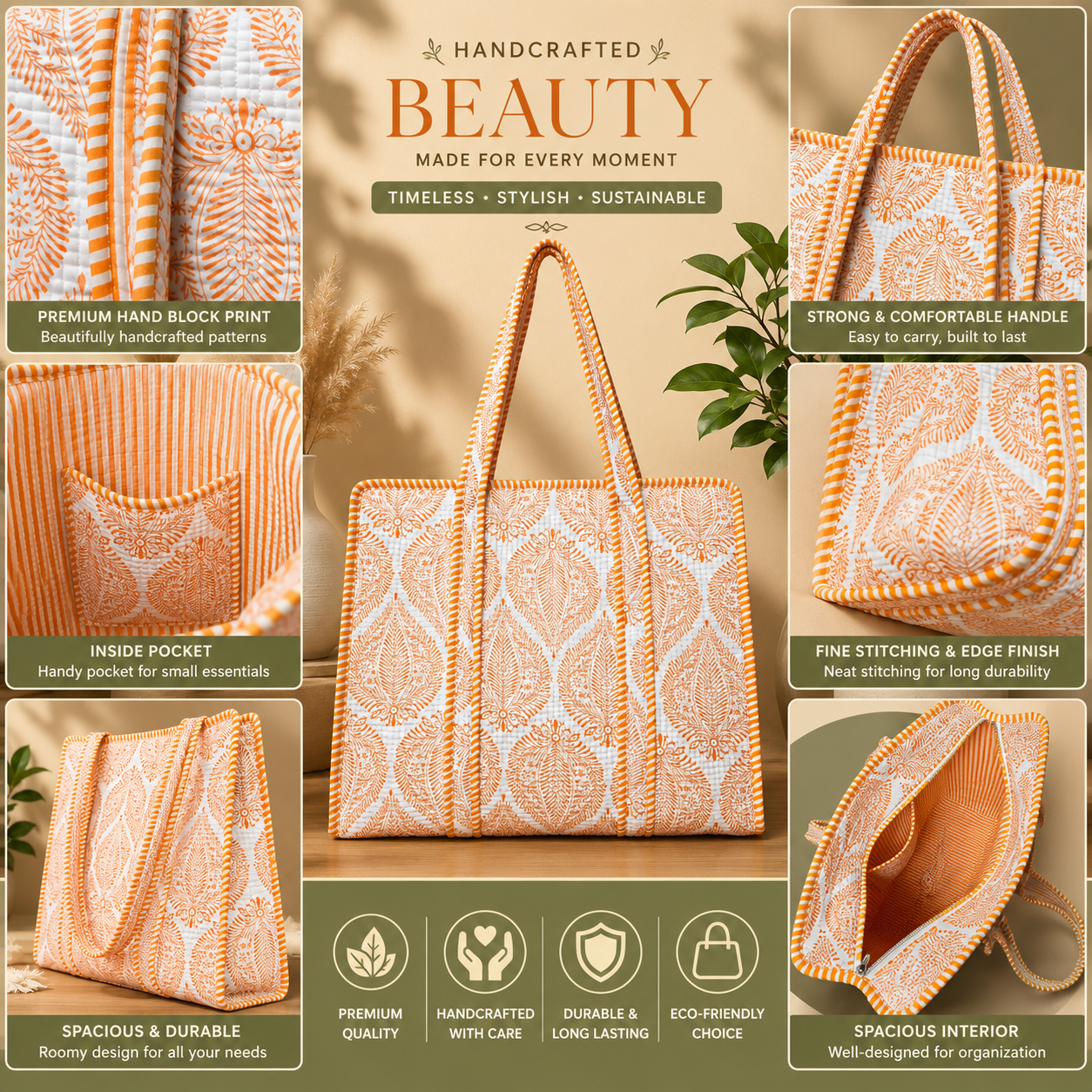 Gulabi Craft Saffron Leaf Hand Block Print Quilted Cotton Tote Bag with Inner Pocket | 17x18 Inch Reusable Travel & Everyday Shoulder Bag