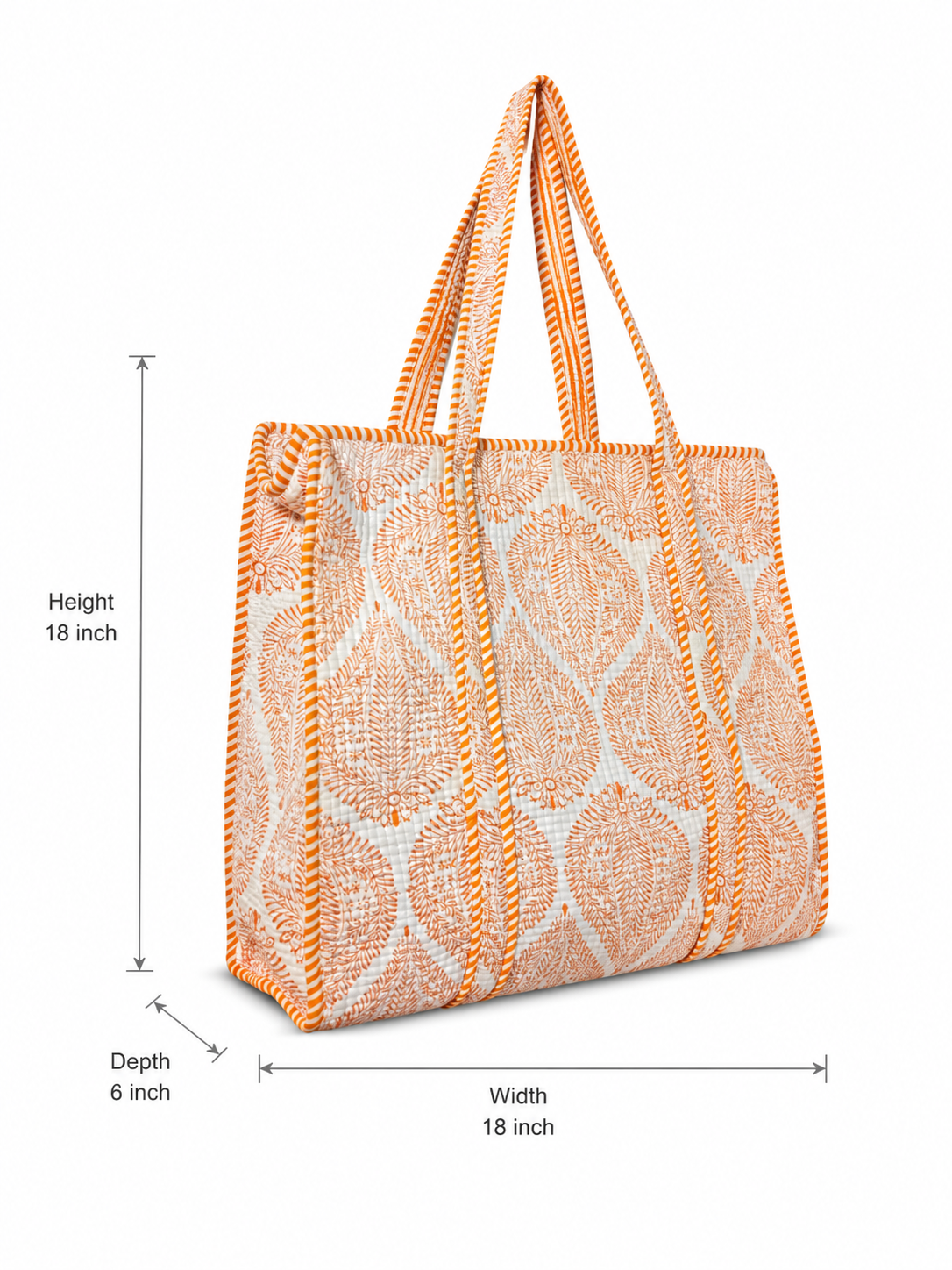 Gulabi Craft Saffron Leaf Hand Block Print Quilted Cotton Tote Bag with Inner Pocket | 17x18 Inch Reusable Travel & Everyday Shoulder Bag