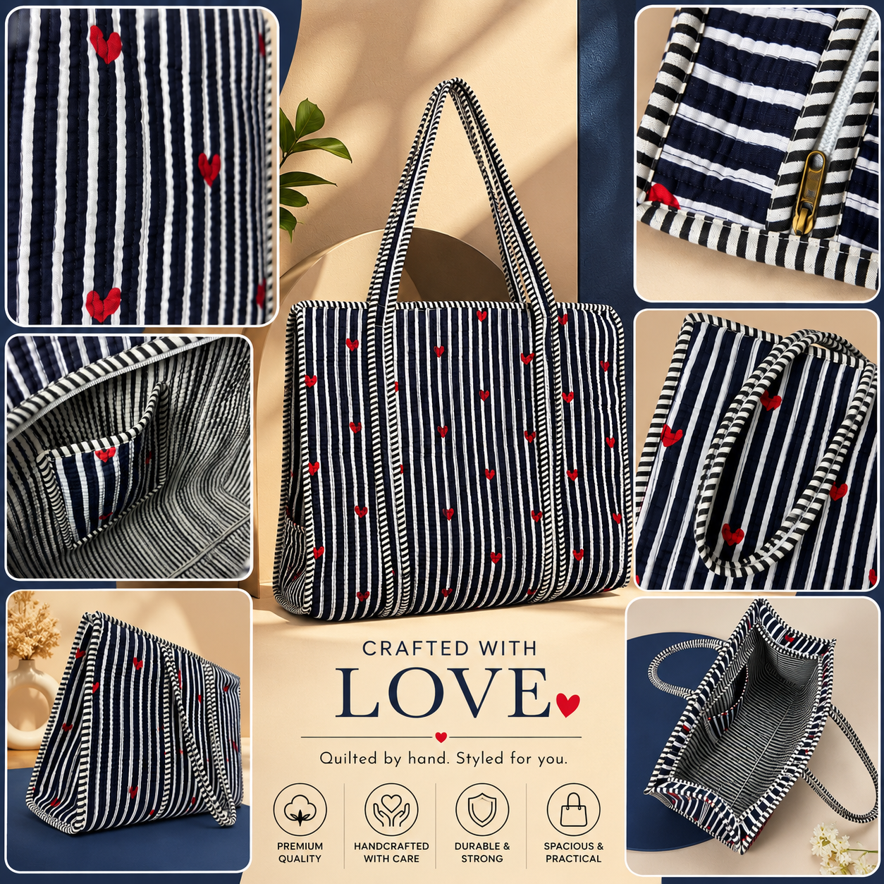 Navy Blue Stripe Red Heart Handcrafted Quilted 60x60 Cotton Tote Bag with Inner Pocket for Travel