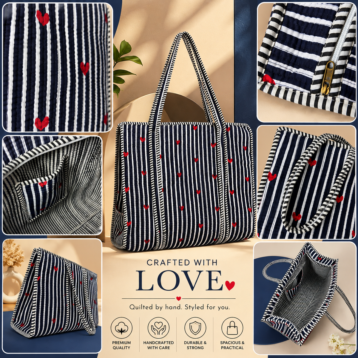 Navy Blue Stripe Red Heart Handcrafted Quilted 60x60 Cotton Tote Bag with Inner Pocket for Travel