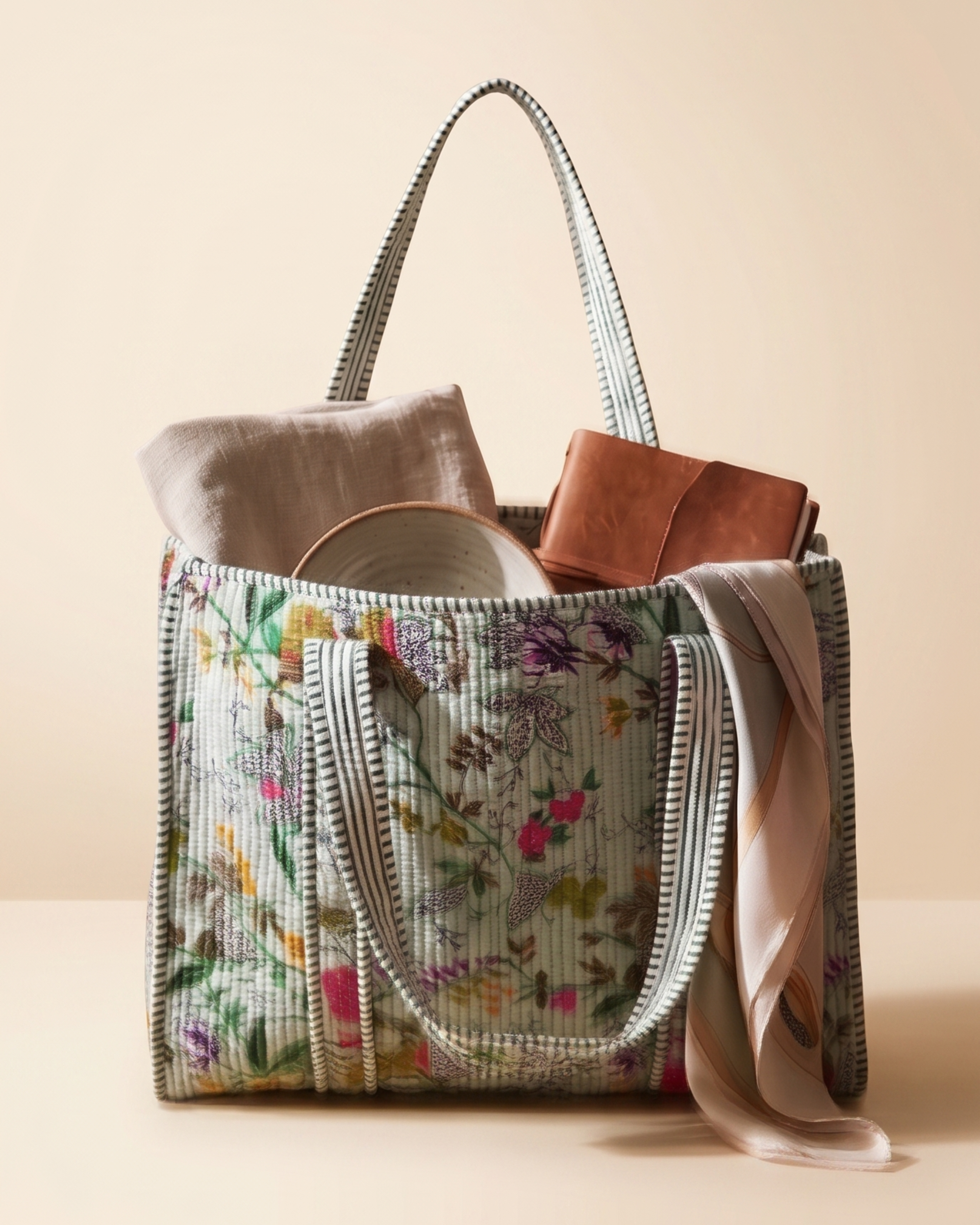 Handmade Quilted Floral Cotton Tote Bag – Eco-Friendly Everyday Carry &amp; Premium Gift Item | Gulabi Craft