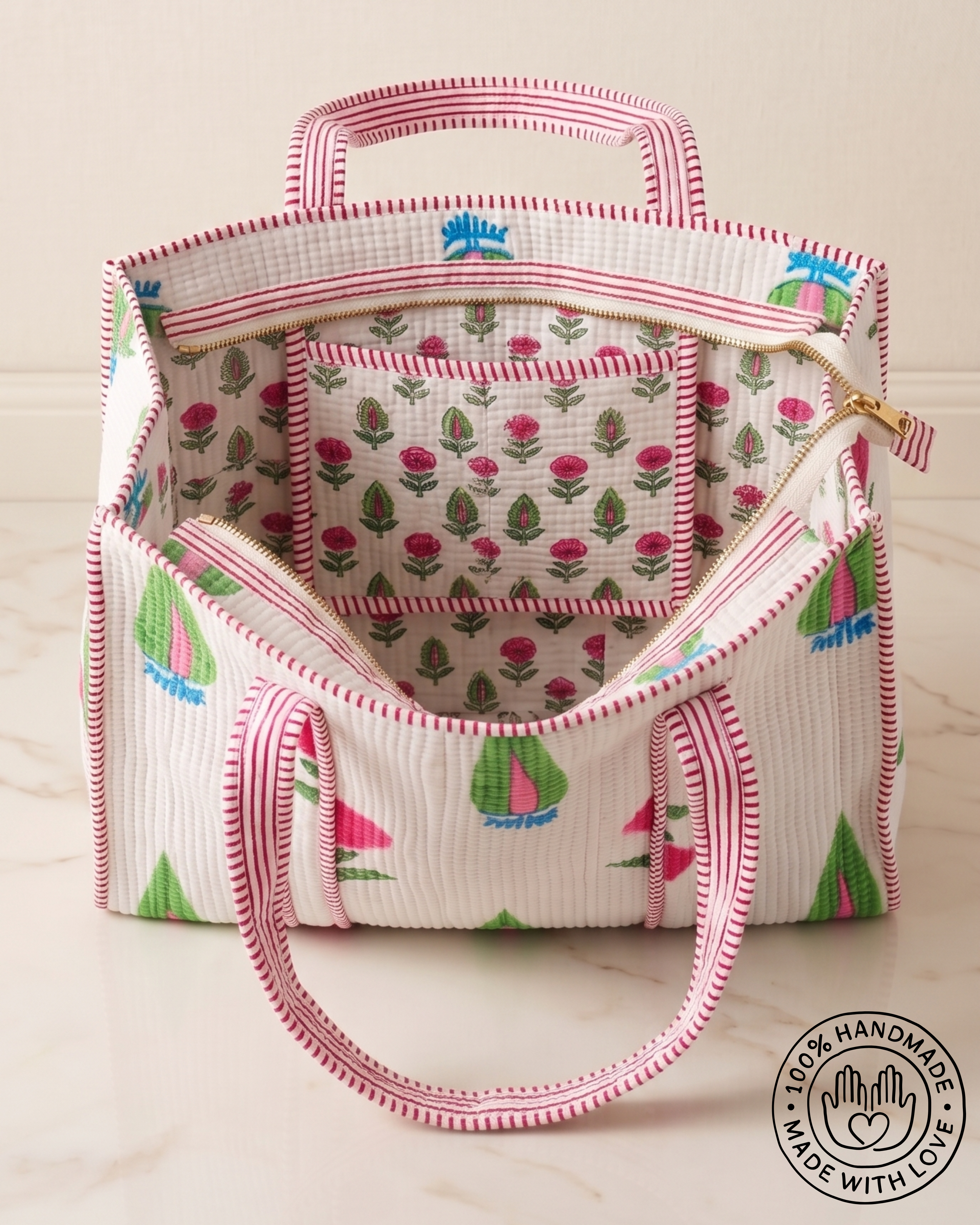 Handcrafted Rosé Garden Kantha Tote Bag – Premium Zip Closure Everyday Carry &amp; Gift Item | Gulabi Craft