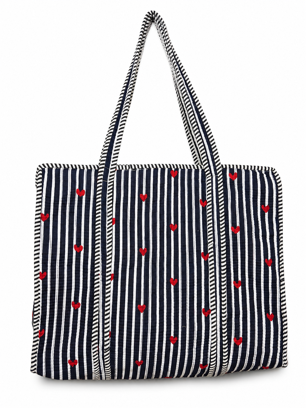 Navy Blue Stripe Red Heart Handcrafted Quilted 60x60 Cotton Tote Bag with Inner Pocket for Travel