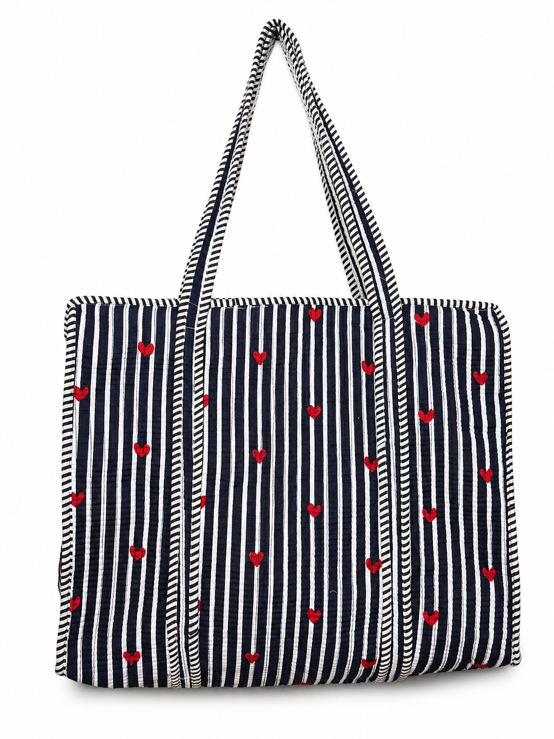 Navy Blue Stripe Red Heart Handcrafted Quilted 60x60 Cotton Tote Bag with Inner Pocket for Travel