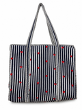Navy Blue Stripe Red Heart Handcrafted Quilted 60x60 Cotton Tote Bag with Inner Pocket for Travel