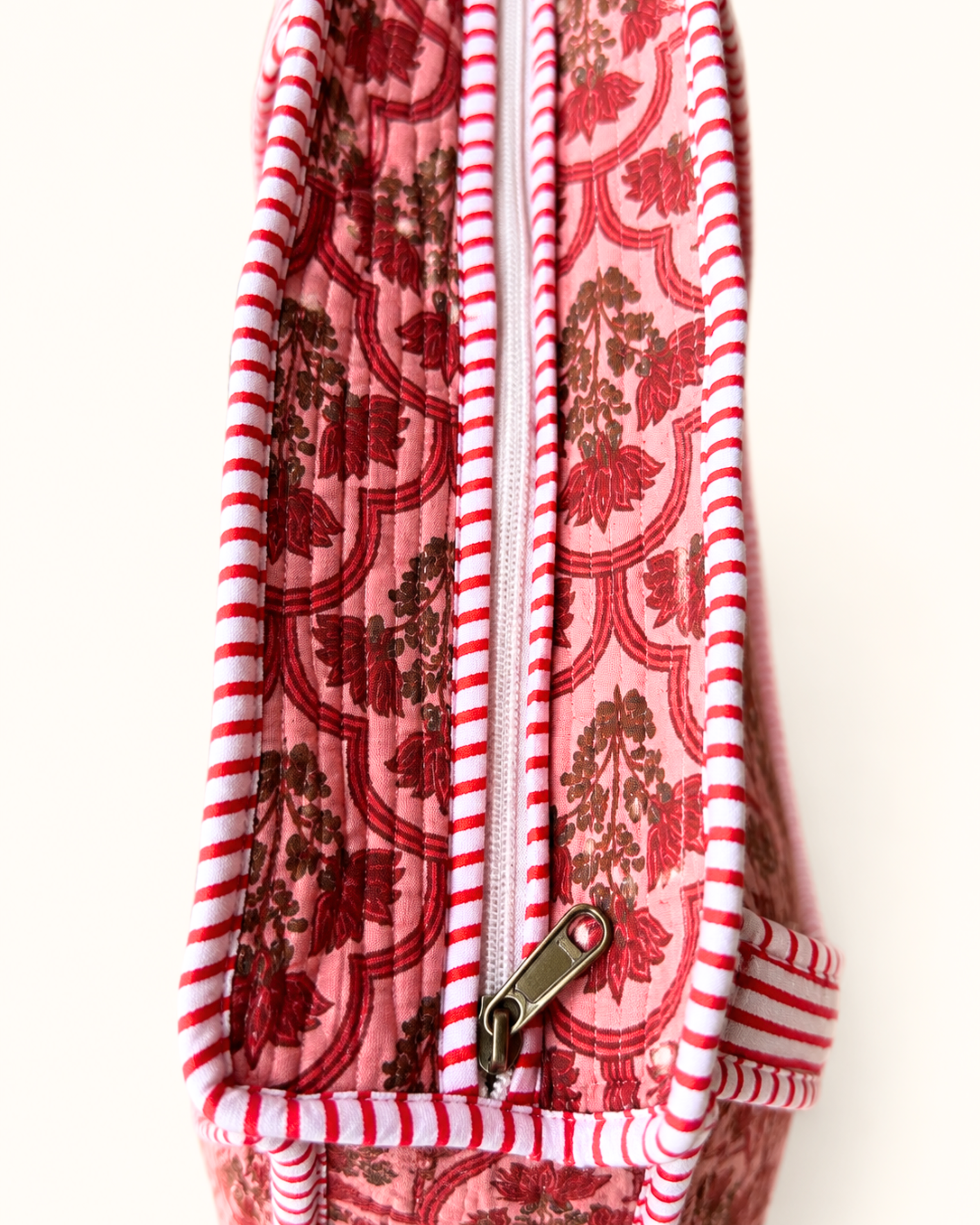 Pink Mughal Floral Quilted Cotton Tote Bag with 3 Cosmetic Pouches Set | Gulabi Craft