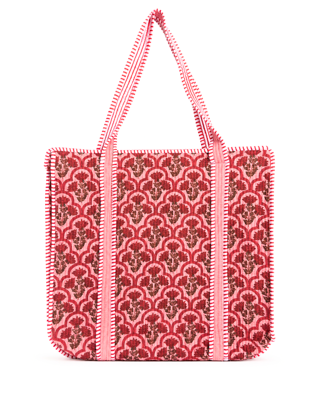 Pink Mughal Floral Quilted Cotton Tote Bag with 3 Cosmetic Pouches Set | Gulabi Craft
