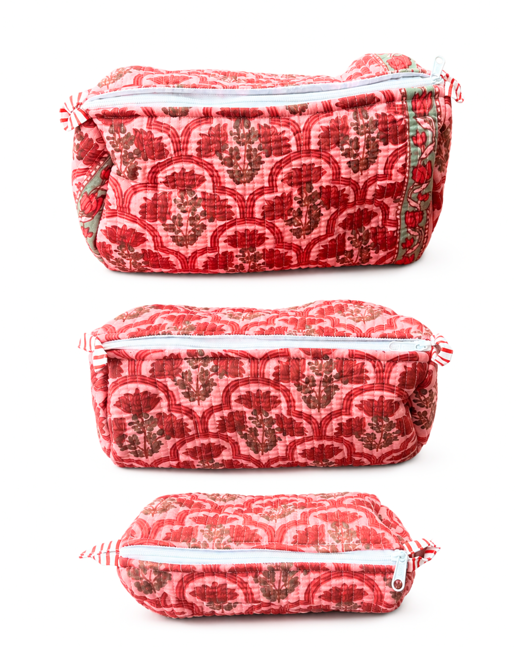 Pink Mughal Floral Quilted Cotton Tote Bag with 3 Cosmetic Pouches Set | Gulabi Craft