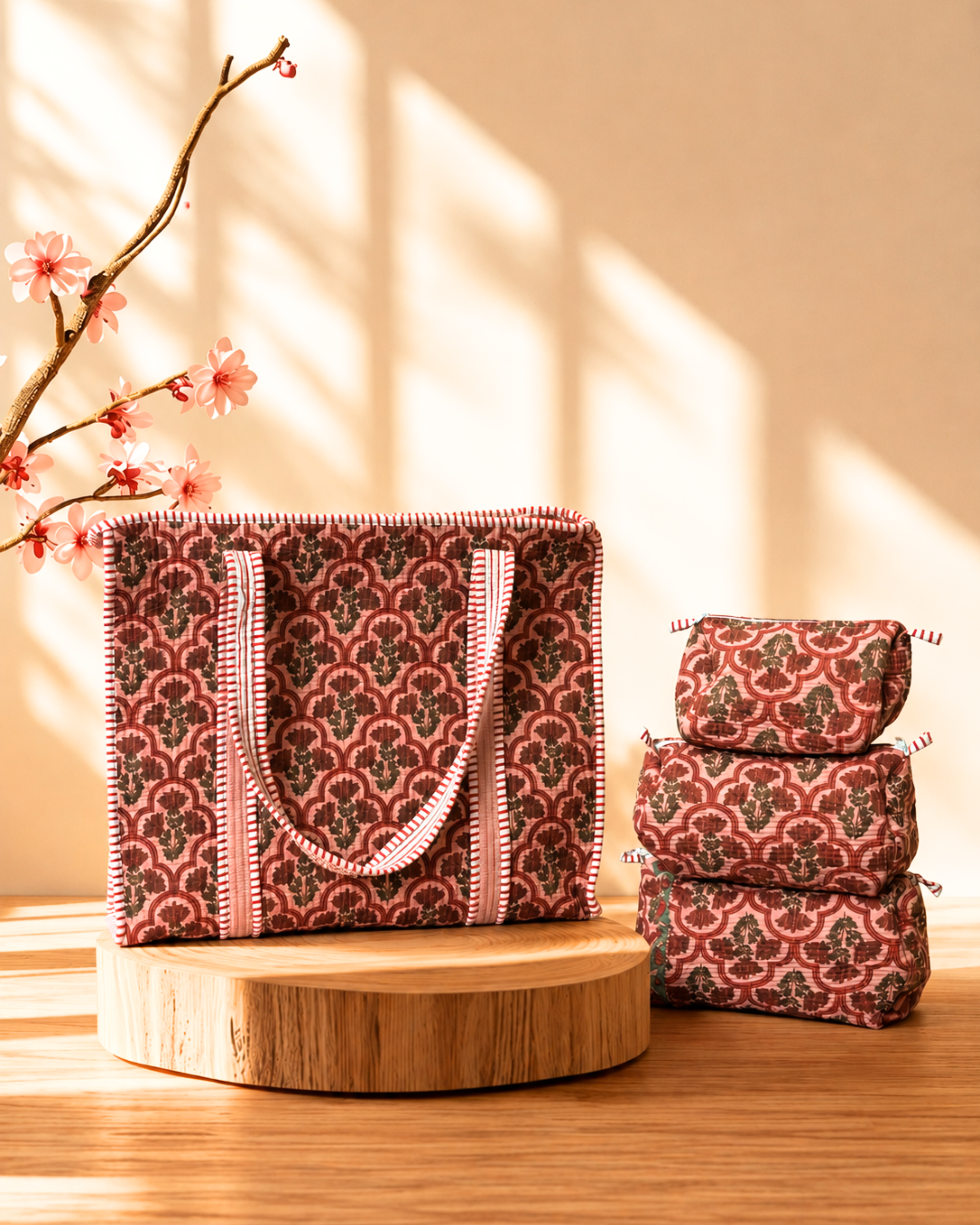 Pink Mughal Floral Quilted Cotton Tote Bag with 3 Cosmetic Pouches Set | Gulabi Craft