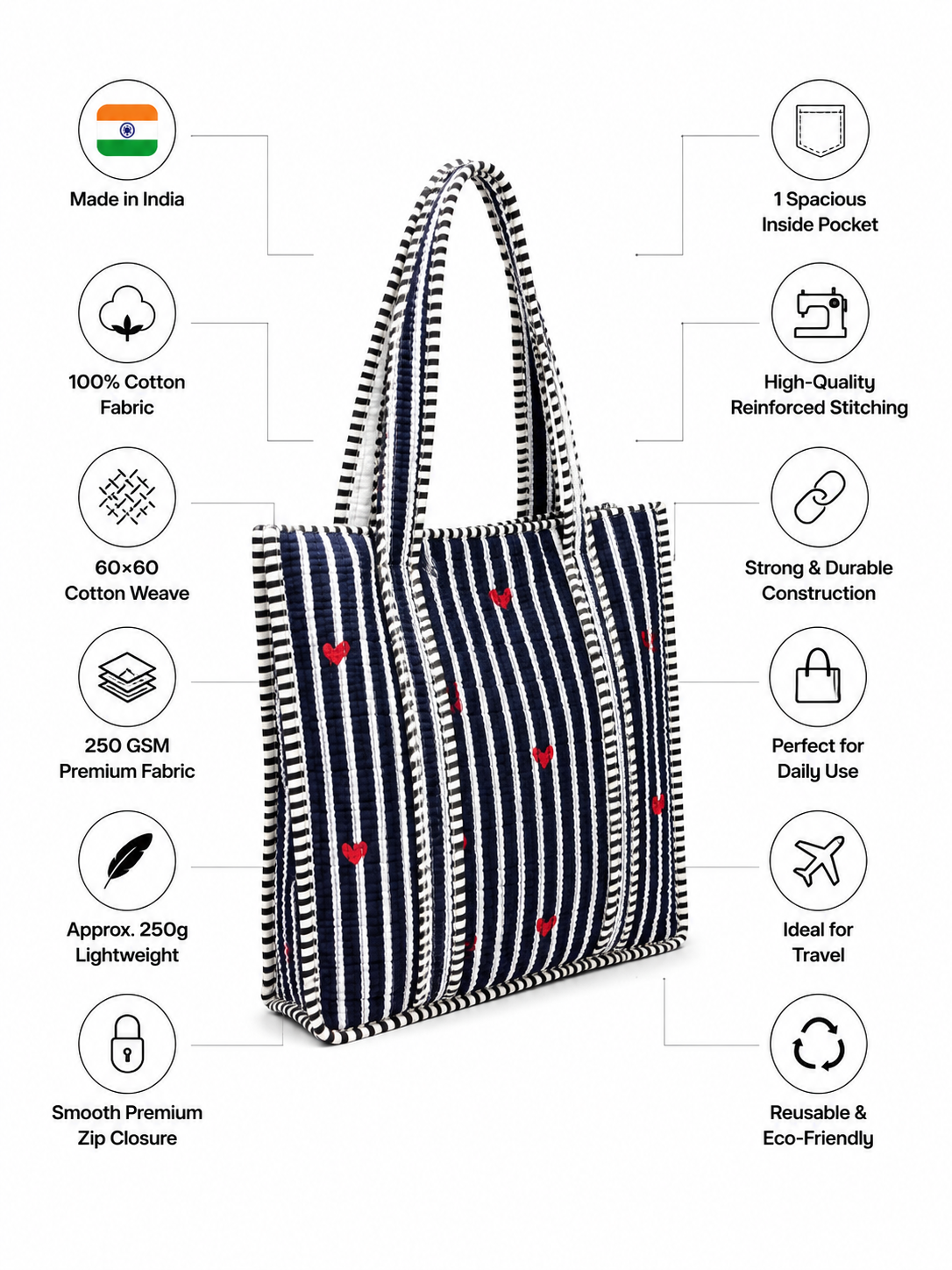 Navy Blue Stripe Red Heart Handcrafted Quilted 60x60 Cotton Tote Bag with Inner Pocket for Travel
