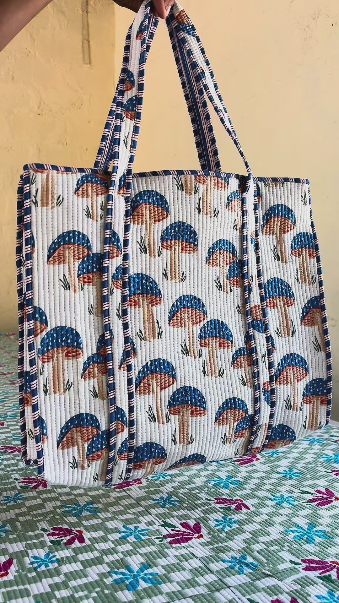 Quilted Mushroom  Handcrafted Tote Bag – Whimsical Everyday Carry &amp; Gift Item | Gulabi Craft