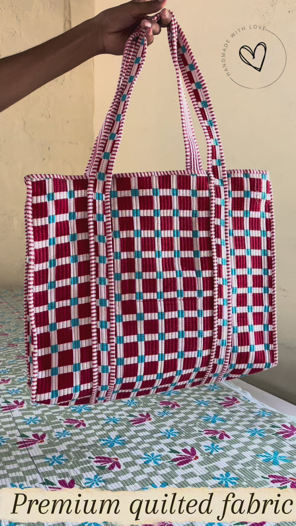 Checkered Quilted  Handcrafted Tote Bag – Red &amp; Blue Everyday Carry &amp; Premium Gift Item | Gulabi Craft