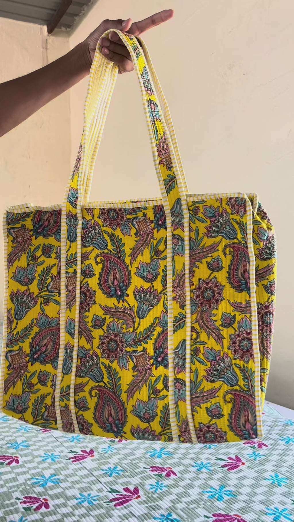 Yellow Floral Quilted  Handcrafted Tote Bag – Premium Everyday Carry &amp; Eco-Friendly Gift Item | Gulabi Craft
