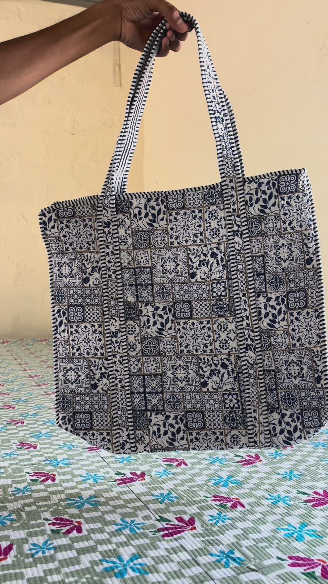 Blue Mosaic Quilted  Handcrafted Tote Bag – Premium Everyday Carry &amp; Gift Item | Gulabi Craft