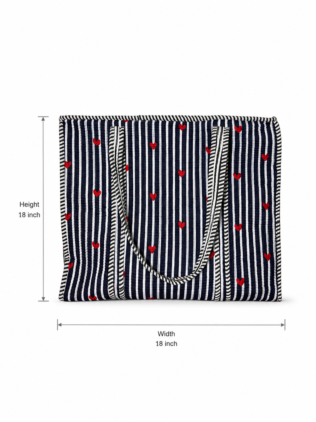 Navy Blue Stripe Red Heart Handcrafted Quilted 60x60 Cotton Tote Bag with Inner Pocket for Travel
