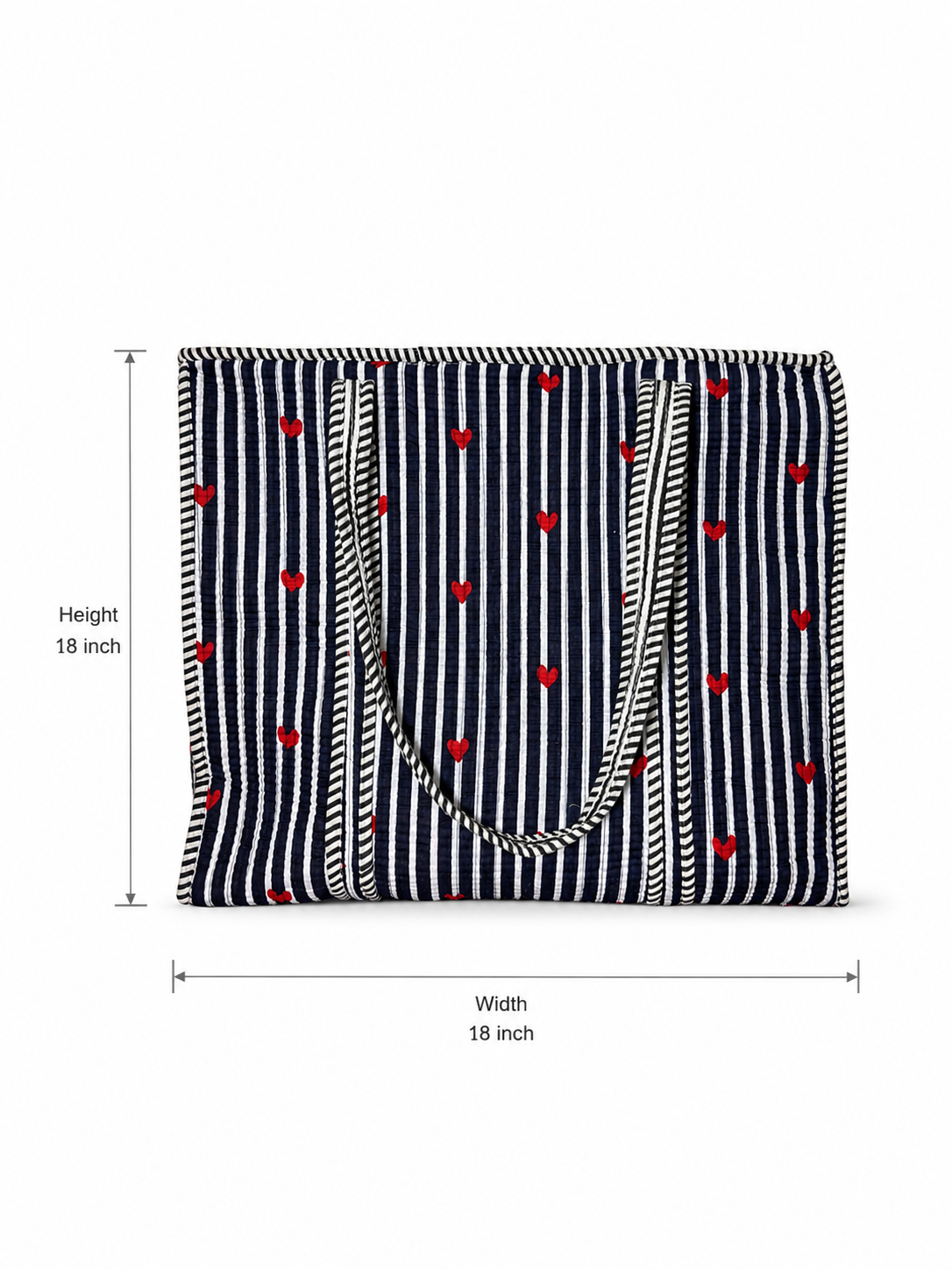 Navy Blue Stripe Red Heart Handcrafted Quilted 60x60 Cotton Tote Bag with Inner Pocket for Travel