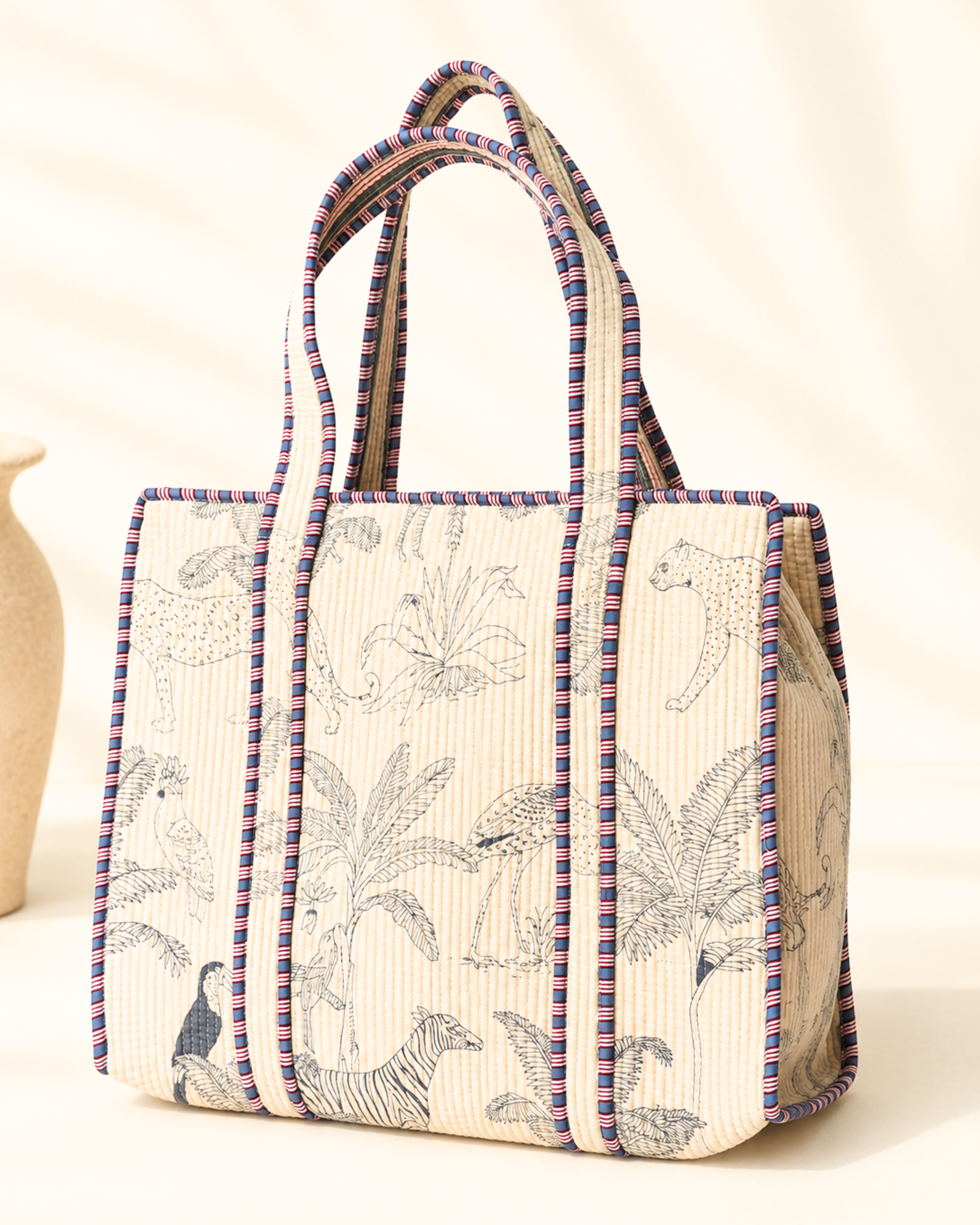 Ivory Safari Jungle Quilted Cotton Tote Bag with 3 Cosmetic Pouches Set | Raksha Bandhan Gift | Gulabi Craft