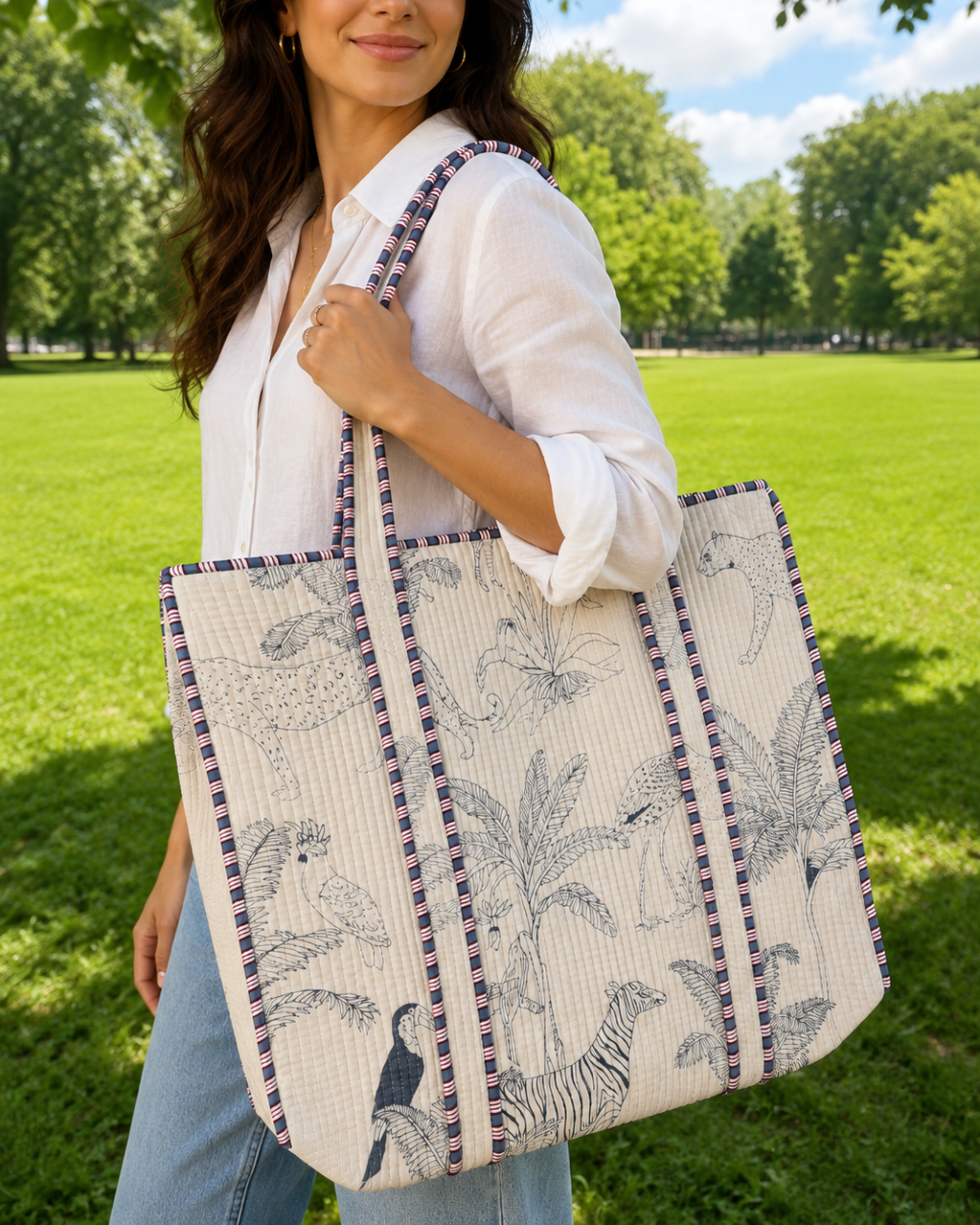 Ivory Safari Jungle Quilted Cotton Tote Bag with 3 Cosmetic Pouches Set | Raksha Bandhan Gift | Gulabi Craft