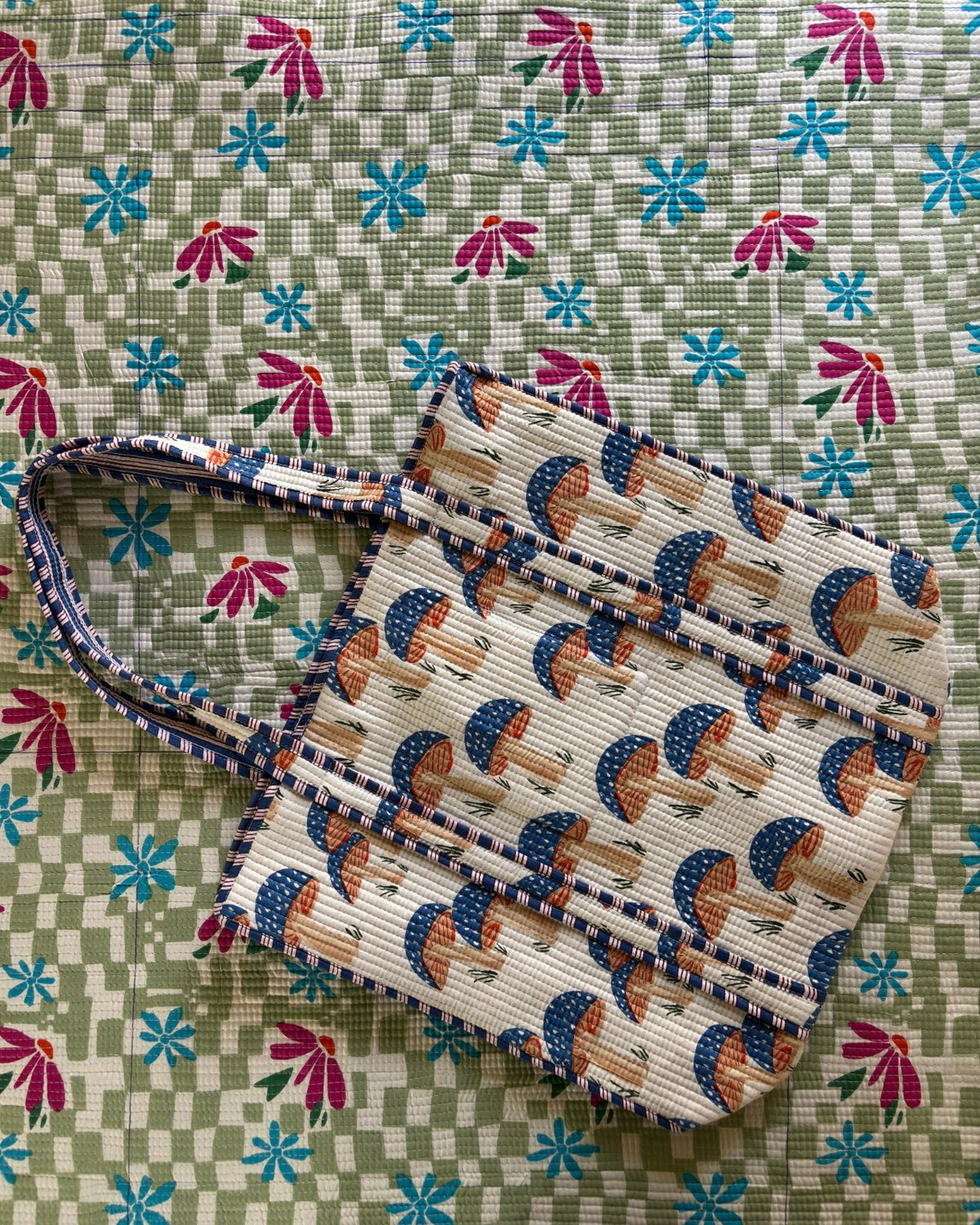 Quilted Mushroom  Handcrafted Tote Bag – Whimsical Everyday Carry &amp; Gift Item | Gulabi Craft
