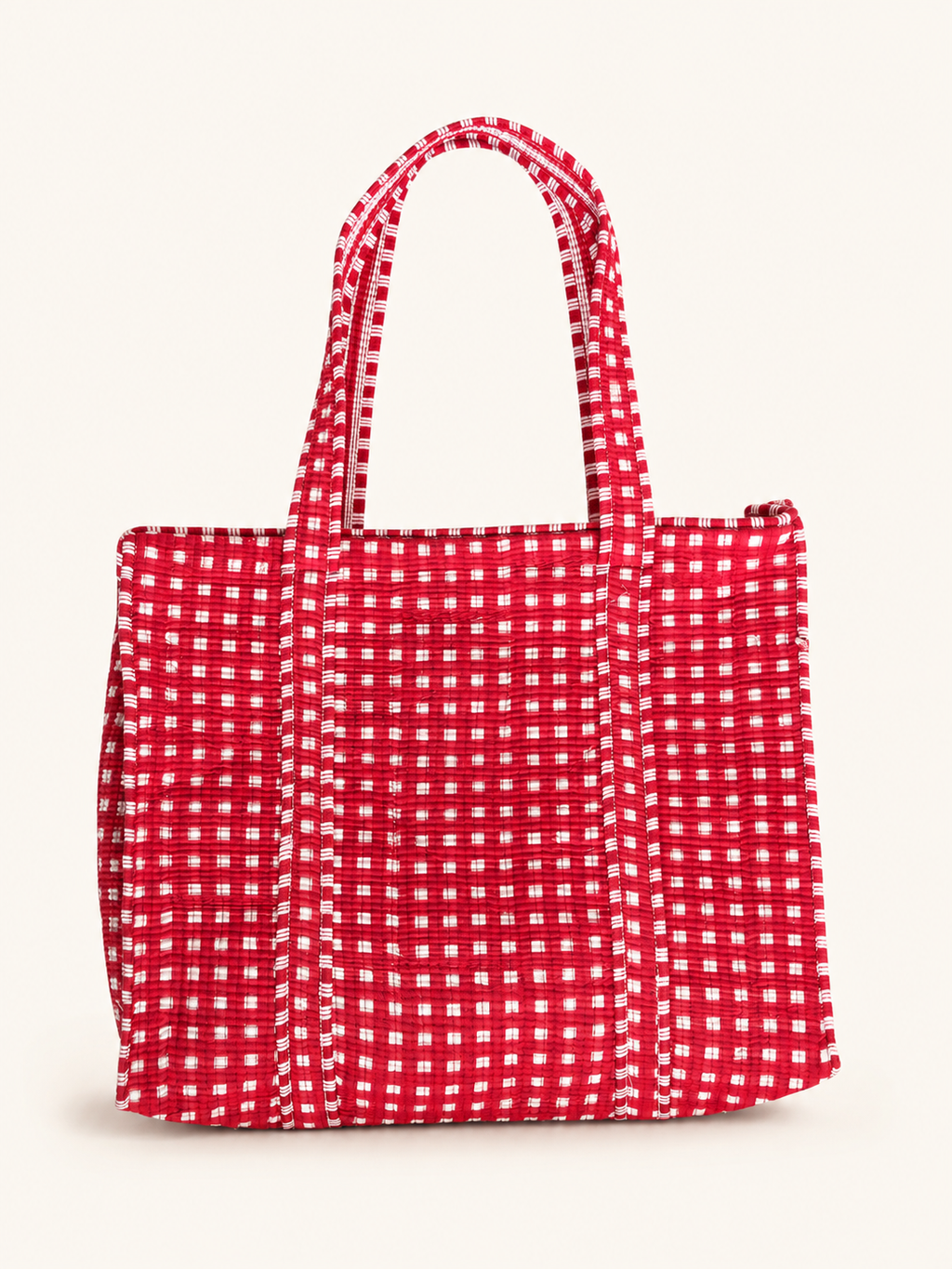Crimson Red Gingham Handcrafted Quilted 60x60 Cotton Tote Bag &amp; 3 Pouch Combo Set for Travel - Gulabi Craft&nbsp;