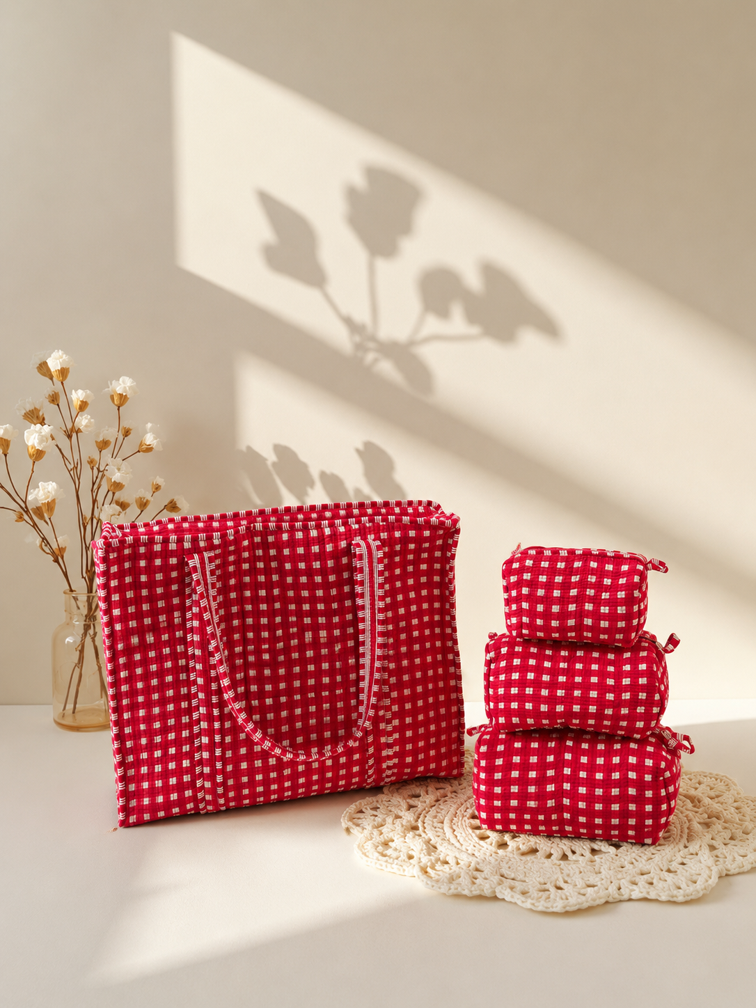 Crimson Red Gingham Handcrafted Quilted 60x60 Cotton Tote Bag &amp; 3 Pouch Combo Set for Travel - Gulabi Craft&nbsp;