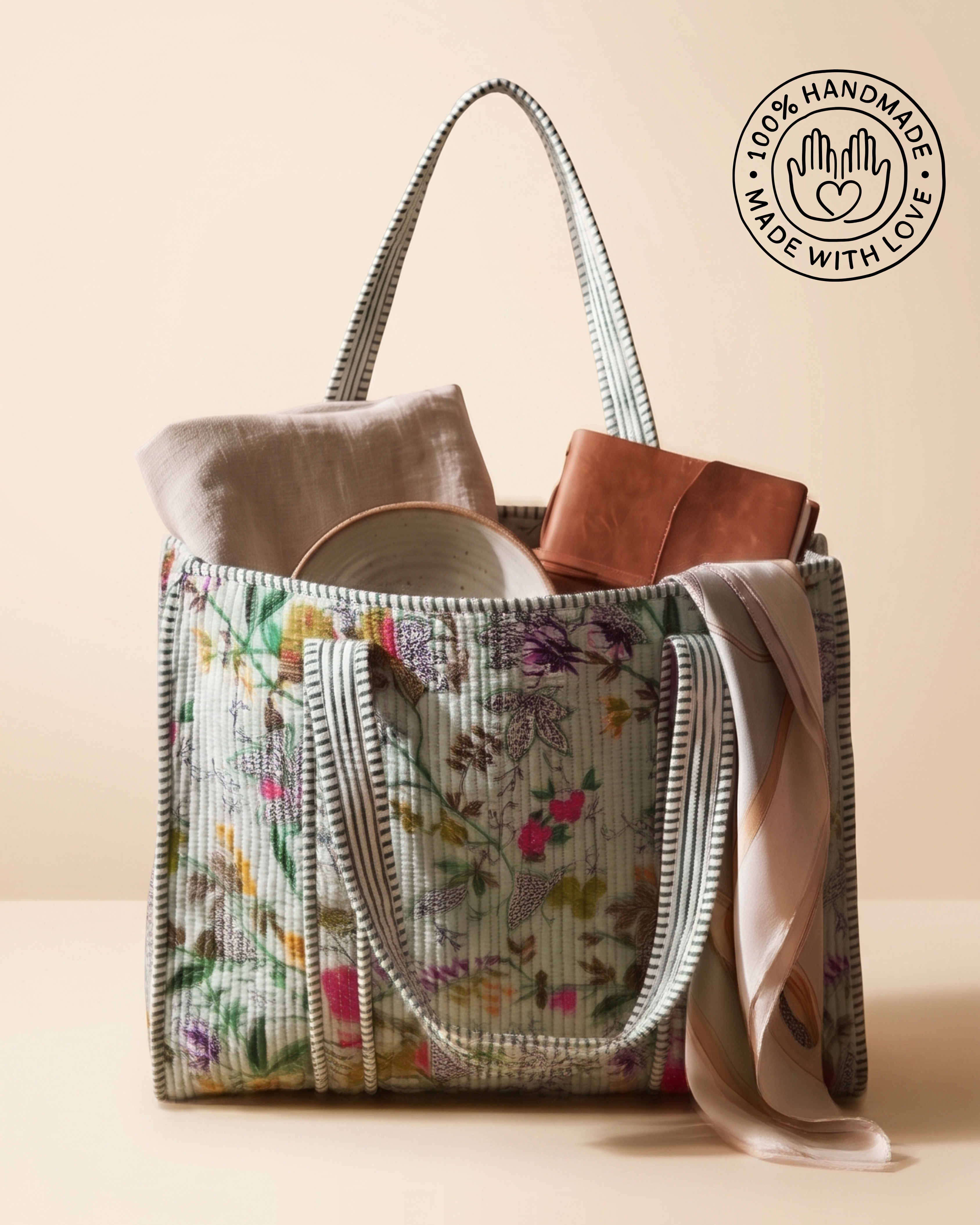 Handmade Quilted Floral Cotton Tote Bag – Eco-Friendly Everyday Carry &amp; Premium Gift Item | Gulabi Craft