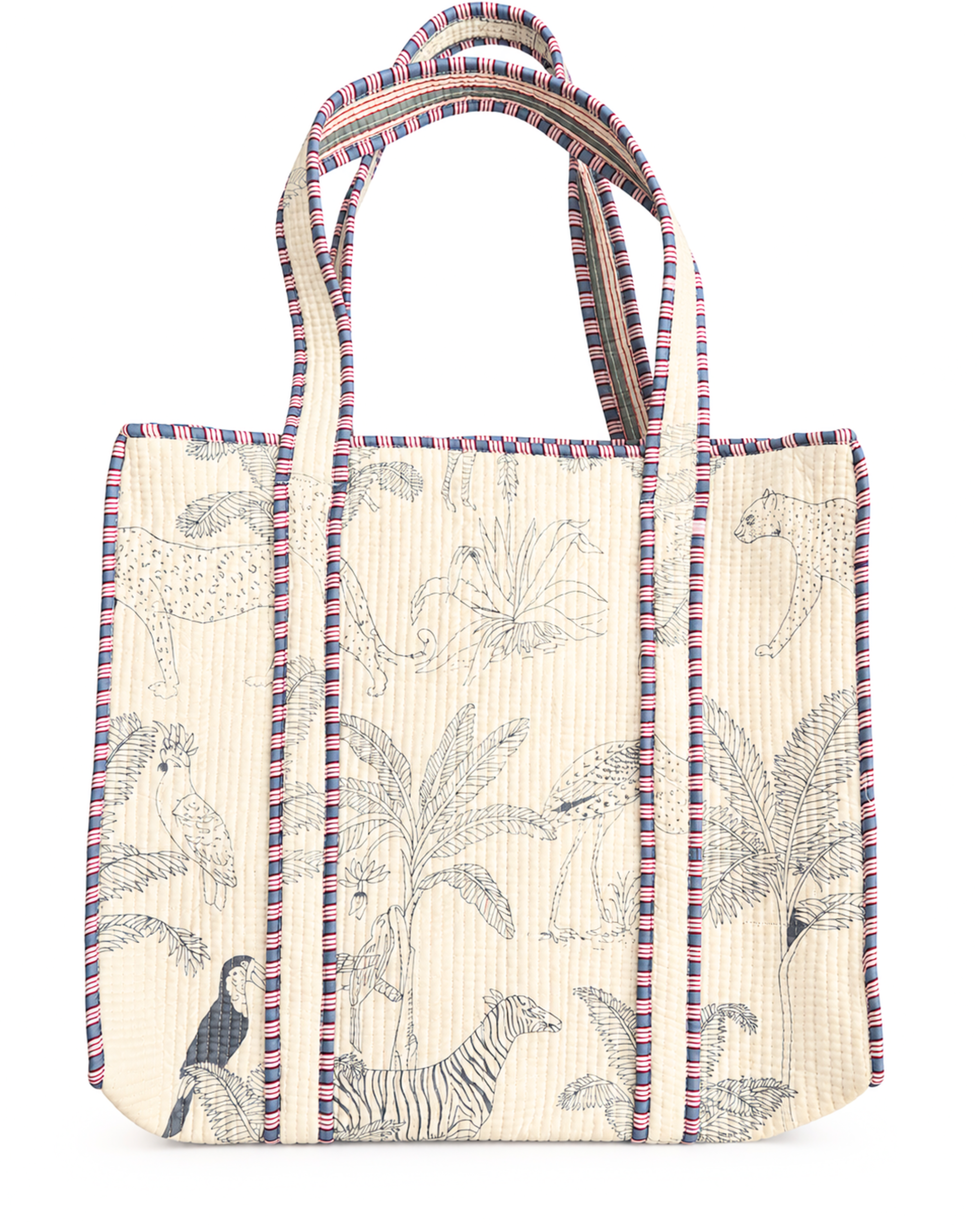 Ivory Safari Jungle Quilted Cotton Tote Bag with 3 Cosmetic Pouches Set | Raksha Bandhan Gift | Gulabi Craft