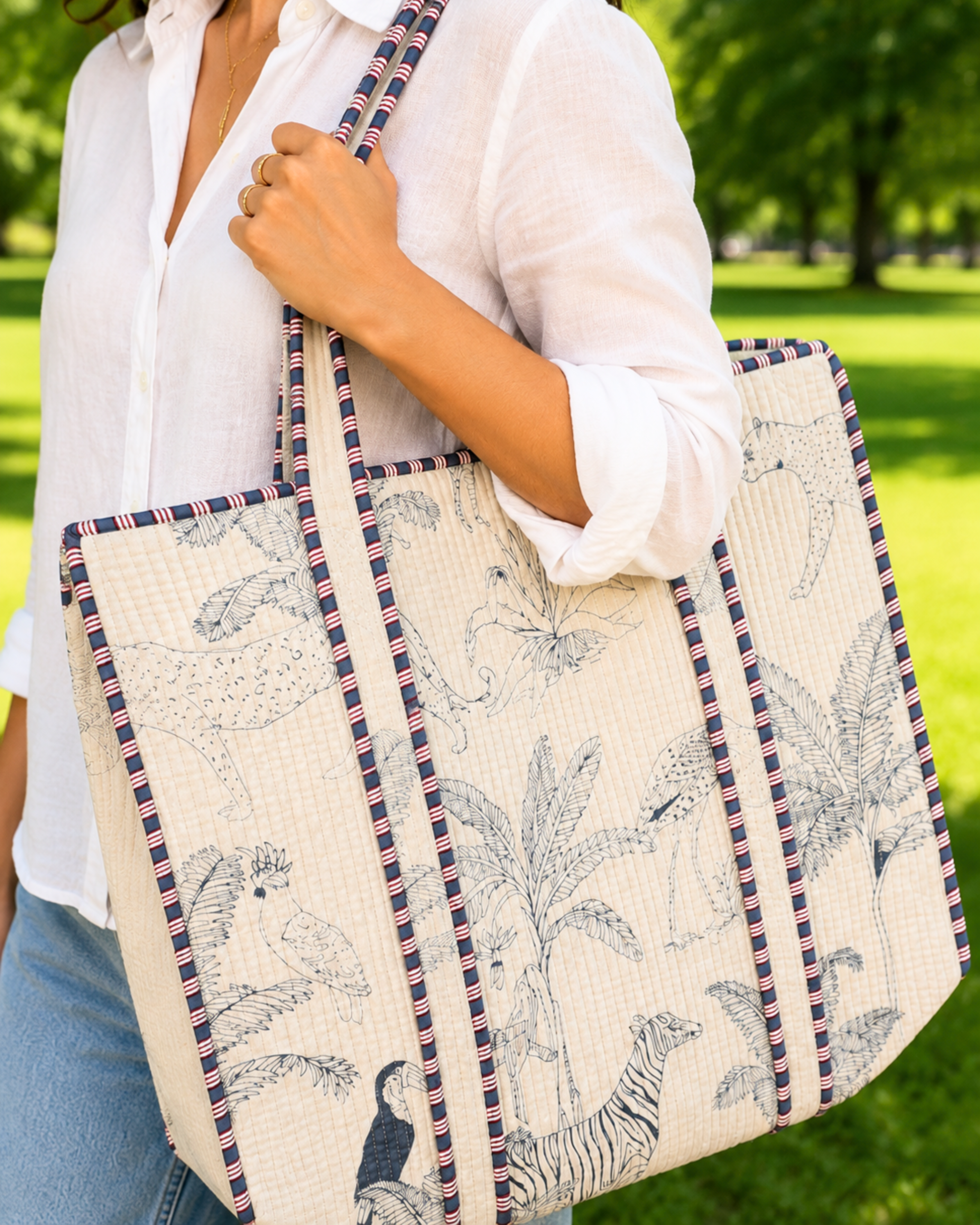 Ivory Safari Jungle Quilted Cotton Tote Bag with 3 Cosmetic Pouches Set | Raksha Bandhan Gift | Gulabi Craft