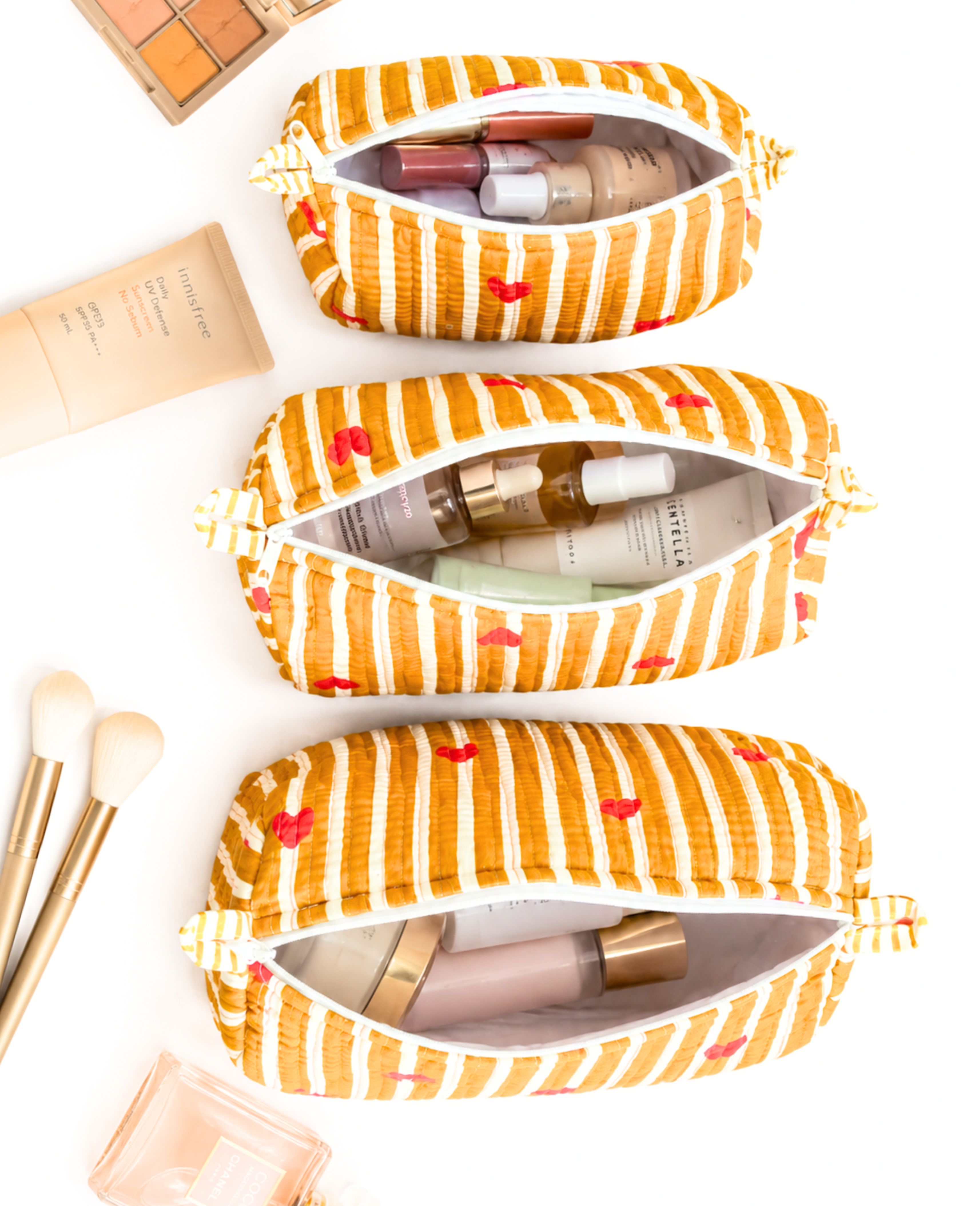 Mustard Heart Quilted Cotton Tote Bag with 3 Cosmetic Pouches Set | Gulabi Craft