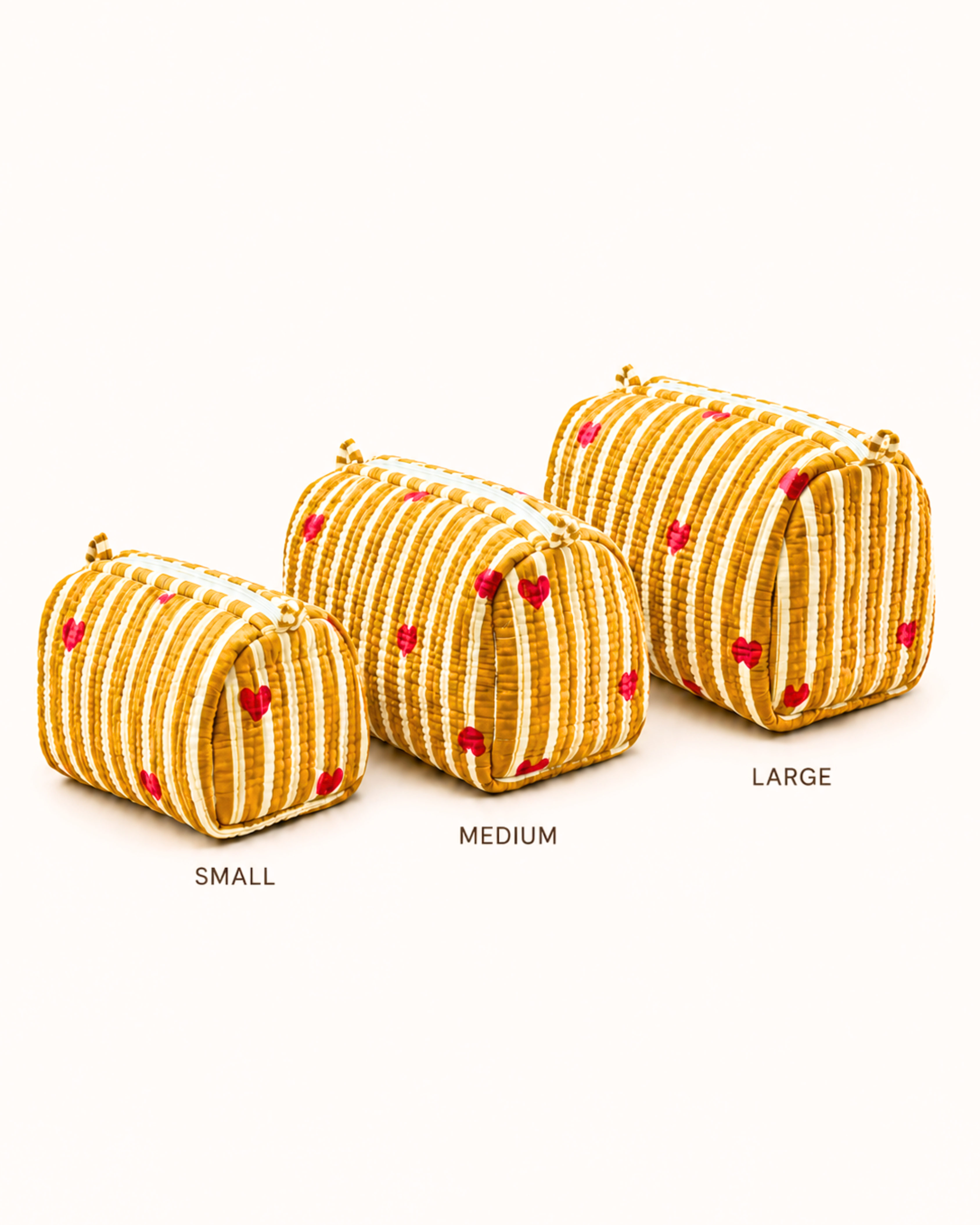Mustard Heart Quilted Cotton Tote Bag with 3 Cosmetic Pouches Set | Gulabi Craft