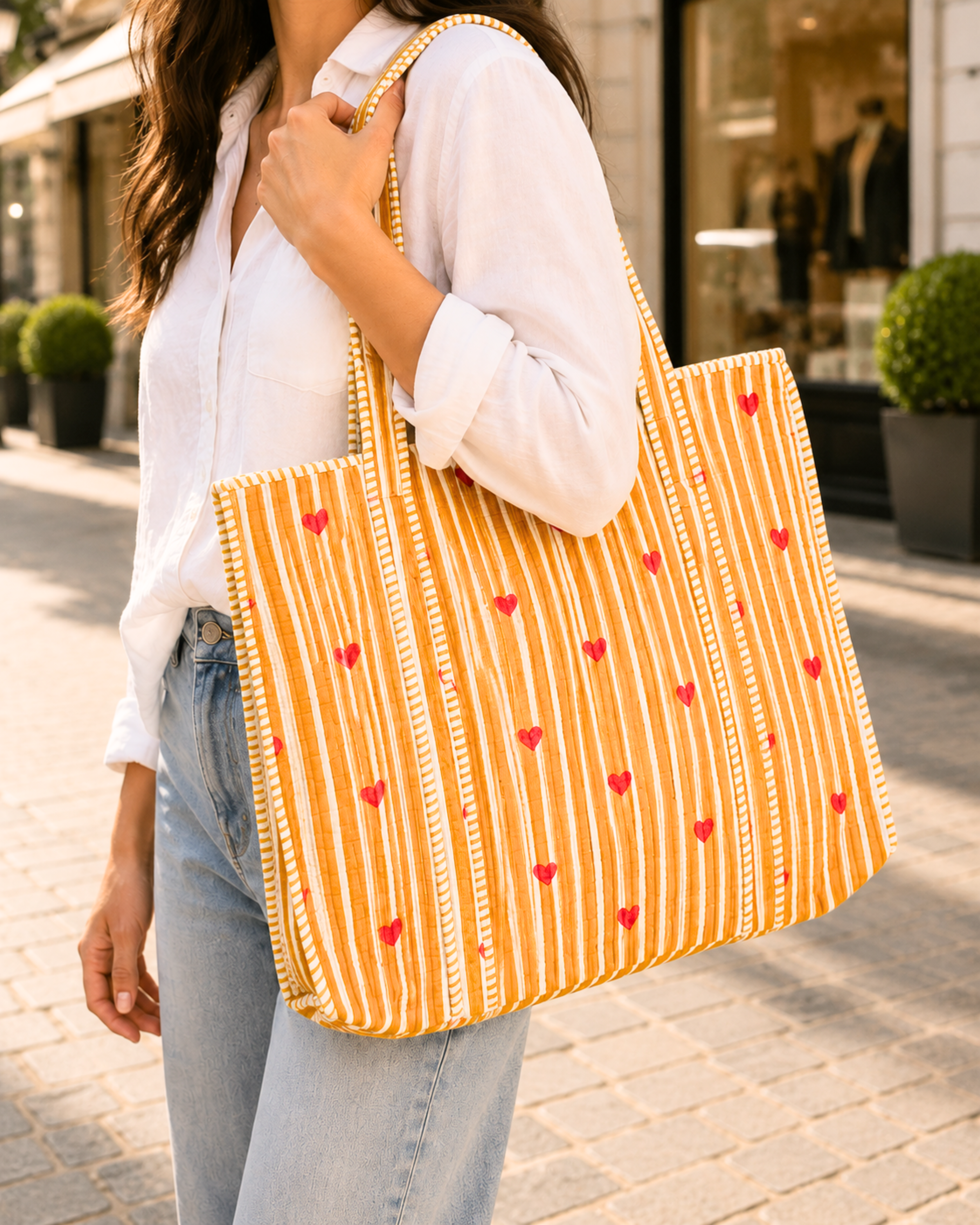 Mustard Heart Quilted Cotton Tote Bag with 3 Cosmetic Pouches Set | Gulabi Craft