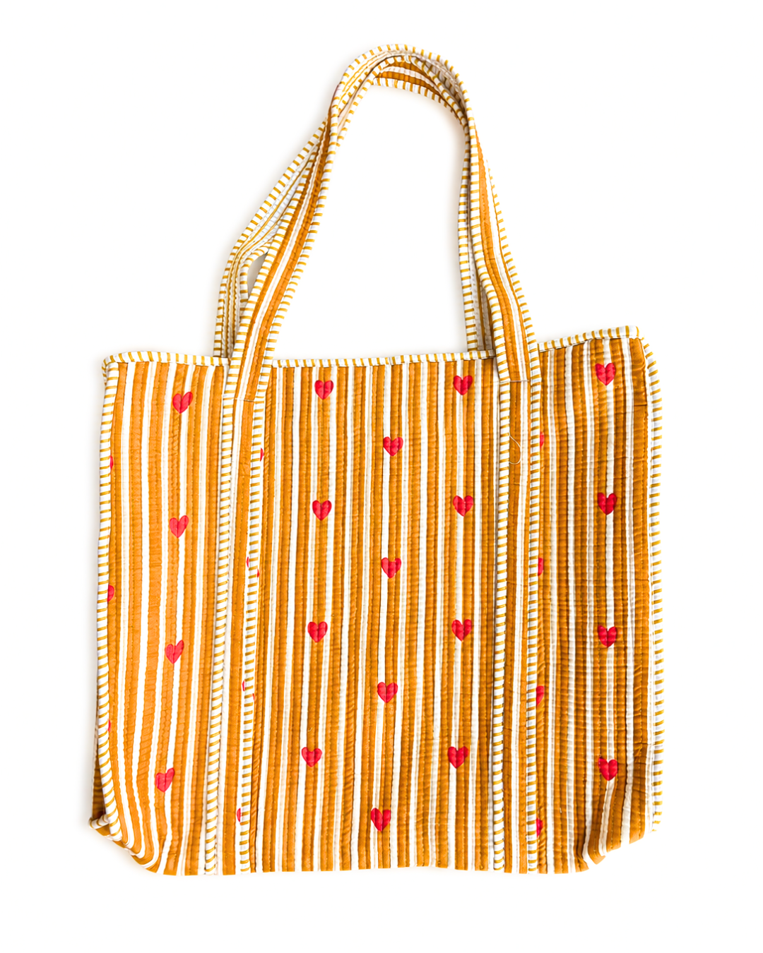 Mustard Heart Quilted Cotton Tote Bag with 3 Cosmetic Pouches Set | Gulabi Craft