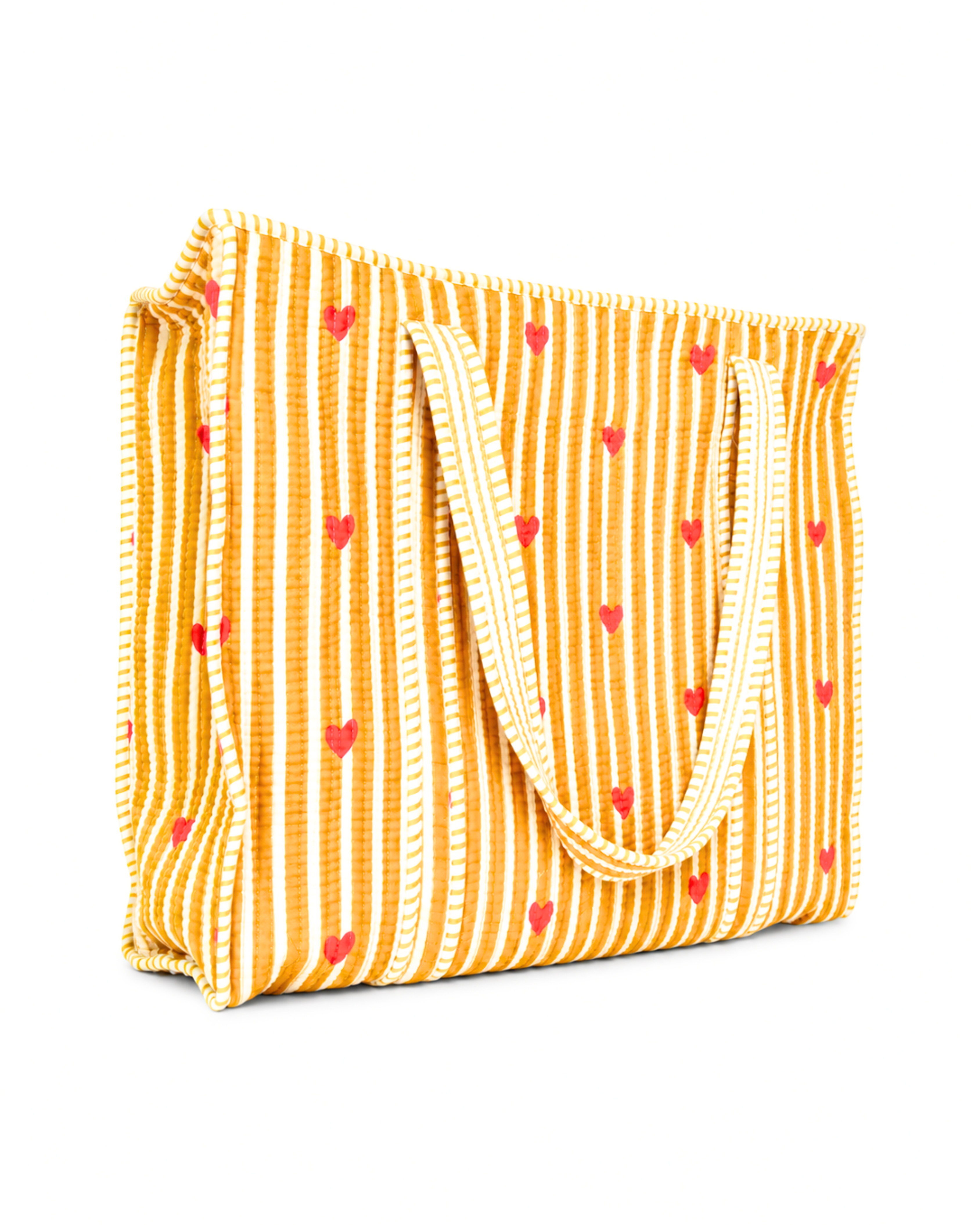 Mustard Heart Quilted Cotton Tote Bag with 3 Cosmetic Pouches Set | Gulabi Craft