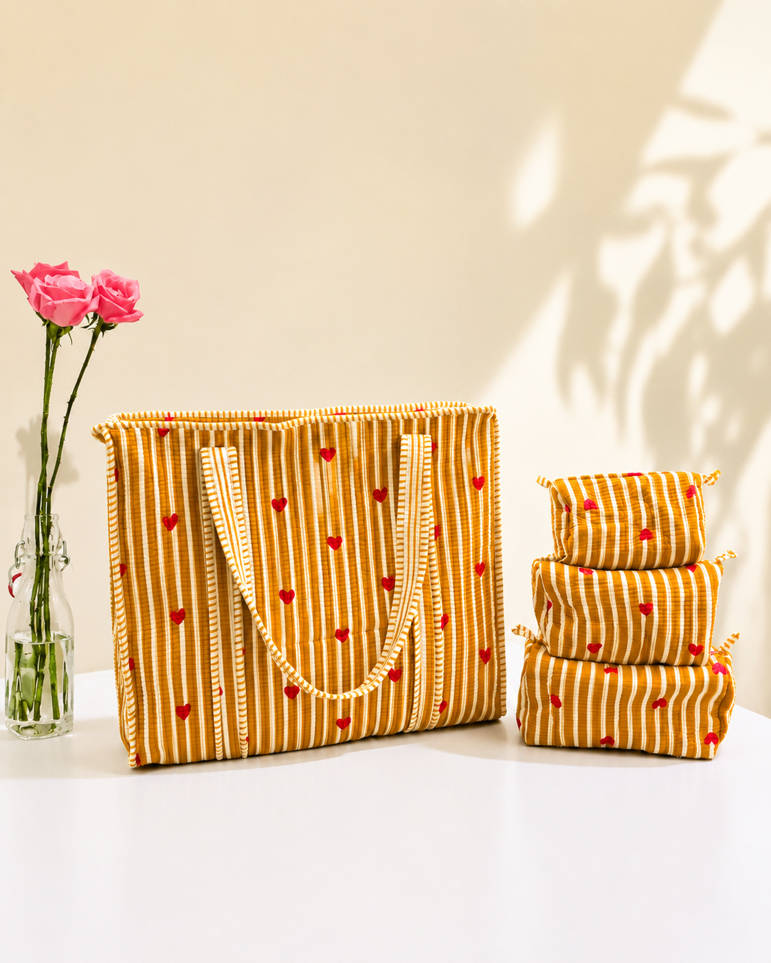 Mustard Heart Quilted Cotton Tote Bag with 3 Cosmetic Pouches Set | Gulabi Craft